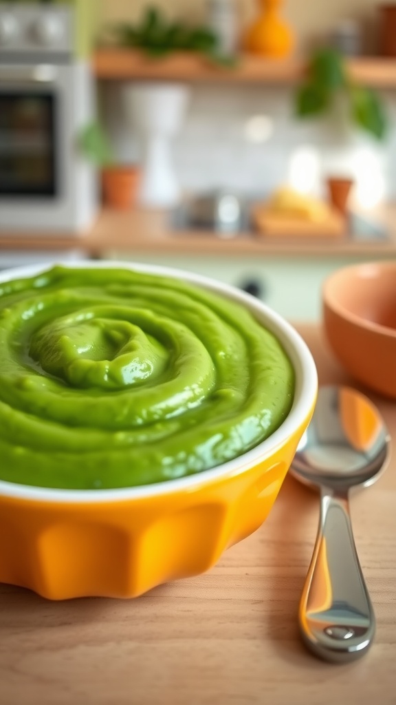 Smooth spinach puree for babies in a colorful bowl with a spoon.